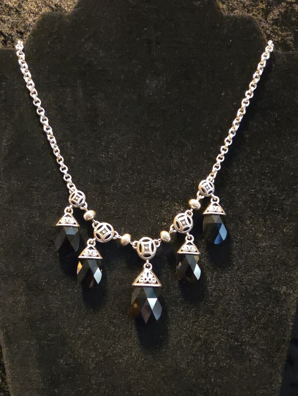 Brighton Serene Nights Collection Silver-Tone Black Crystal Drop Necklace -